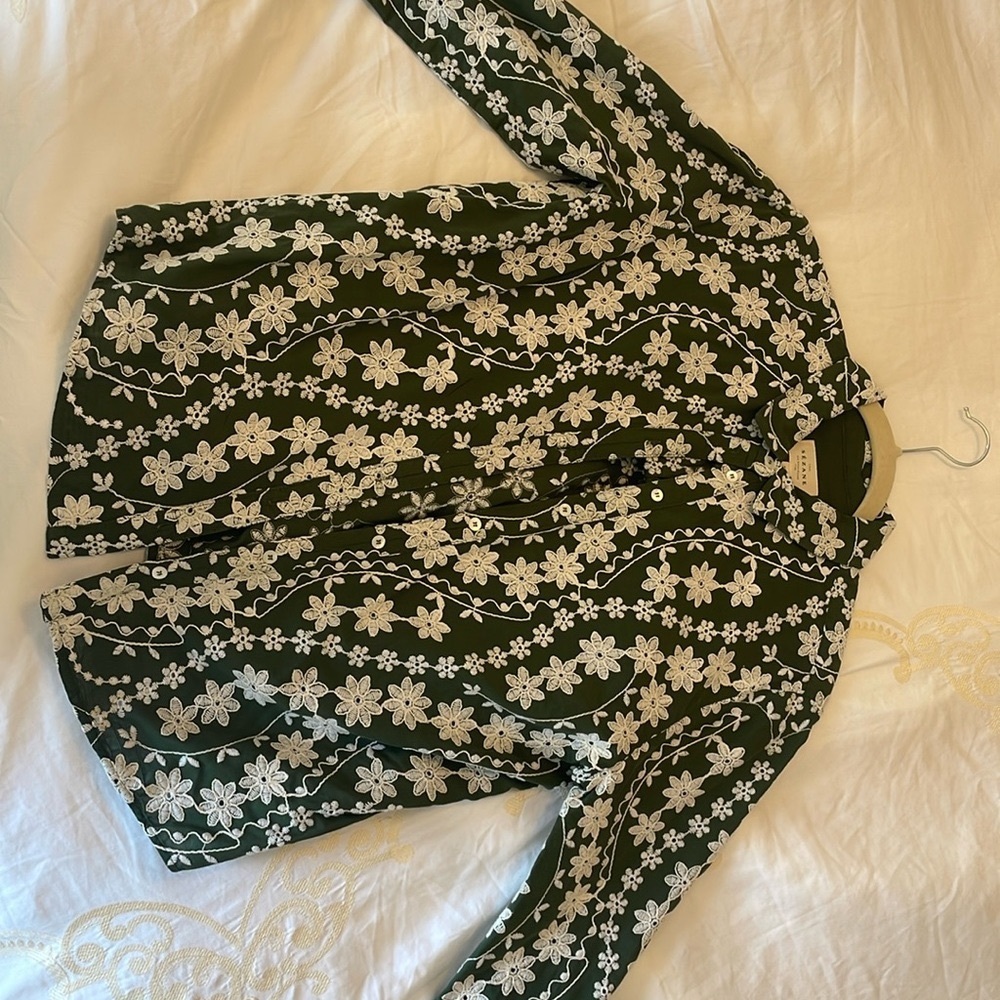 Sezane Black Blouse with White Floral Embroidery